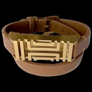 Tory Burch Silver Tone Fitbit Double Wrap Bracelet In Brown Leather